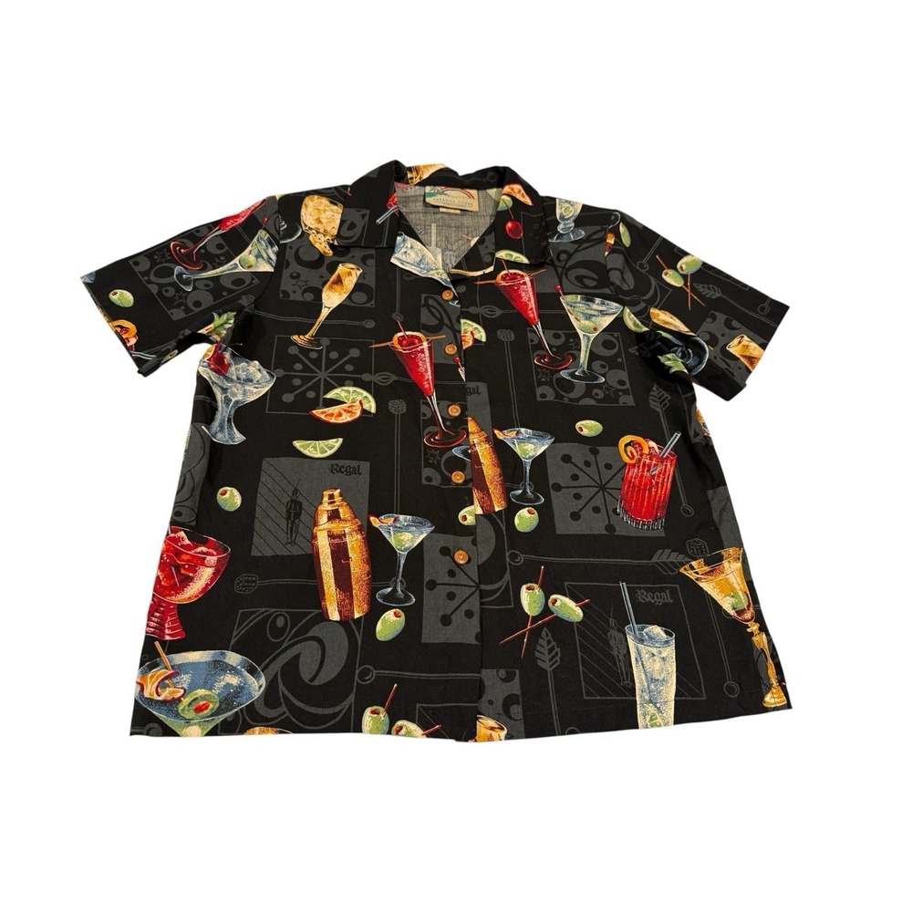 Paradise Found Women's Hawaiian Camp Shirt Black Rayon Aloha‎ Cocktail M